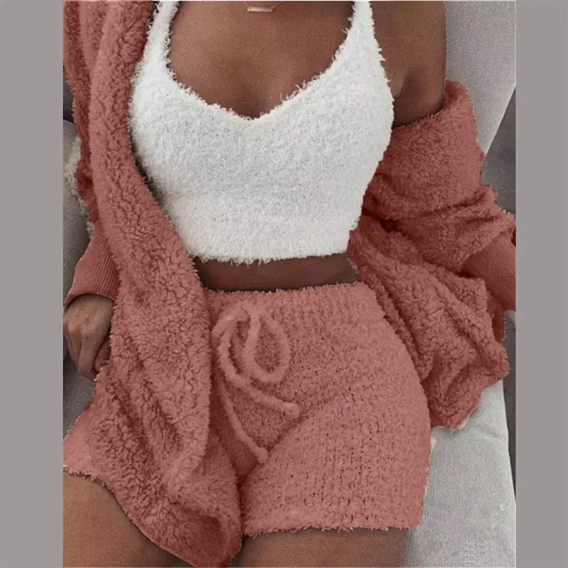 Trendy Plush Velvet Crop Top And Cardigan Set