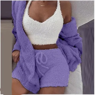 Trendy Plush Velvet Crop Top And Cardigan Set