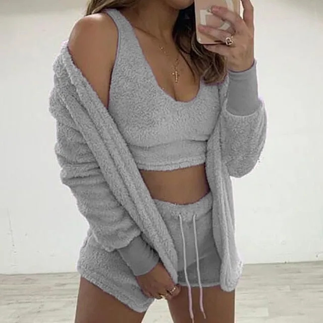 Trendy Plush Velvet Crop Top And Cardigan Set