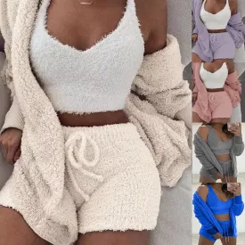 Trendy Plush Velvet Crop Top And Cardigan Set