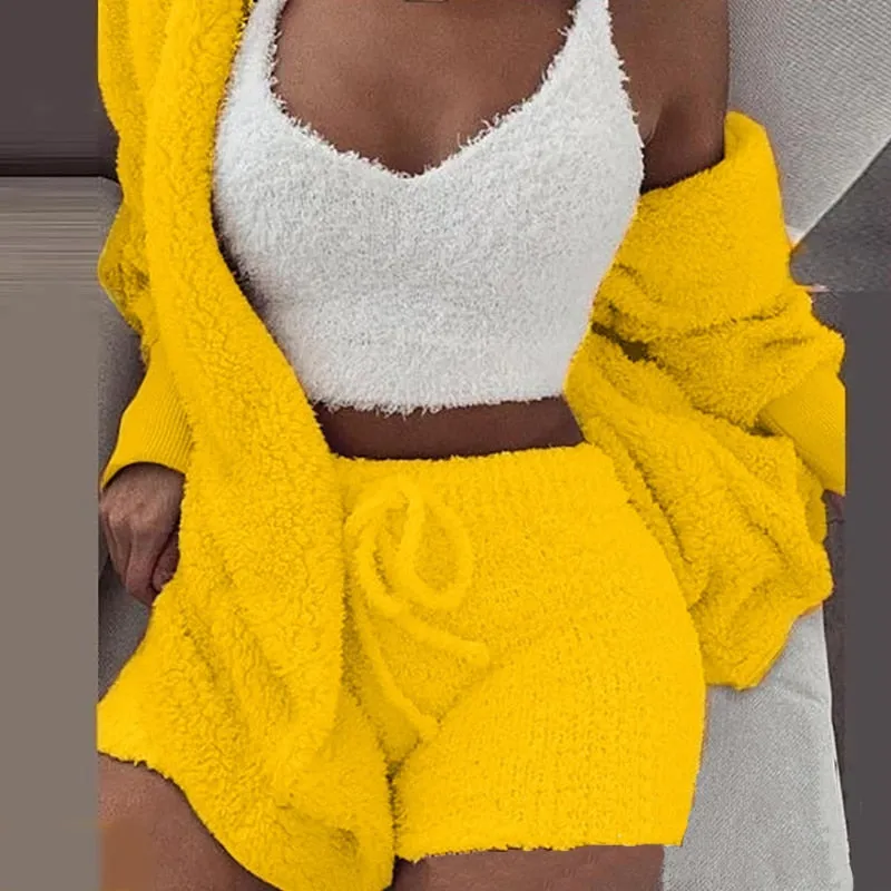 Trendy Plush Velvet Crop Top And Cardigan Set