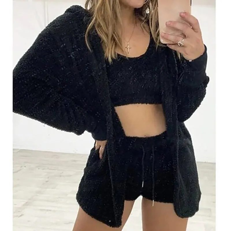 Trendy Plush Velvet Crop Top And Cardigan Set