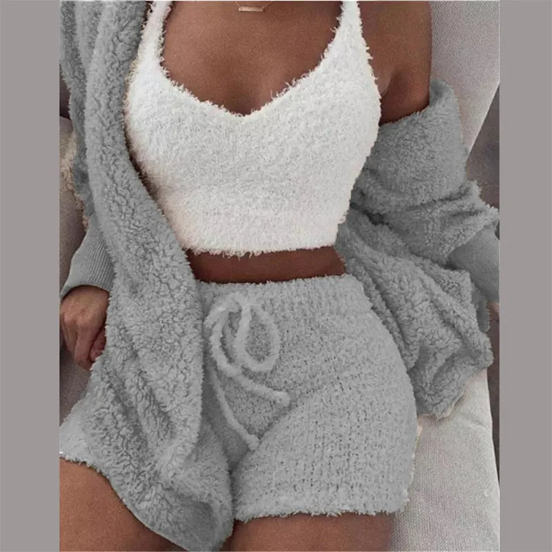 Trendy Plush Velvet Crop Top And Cardigan Set