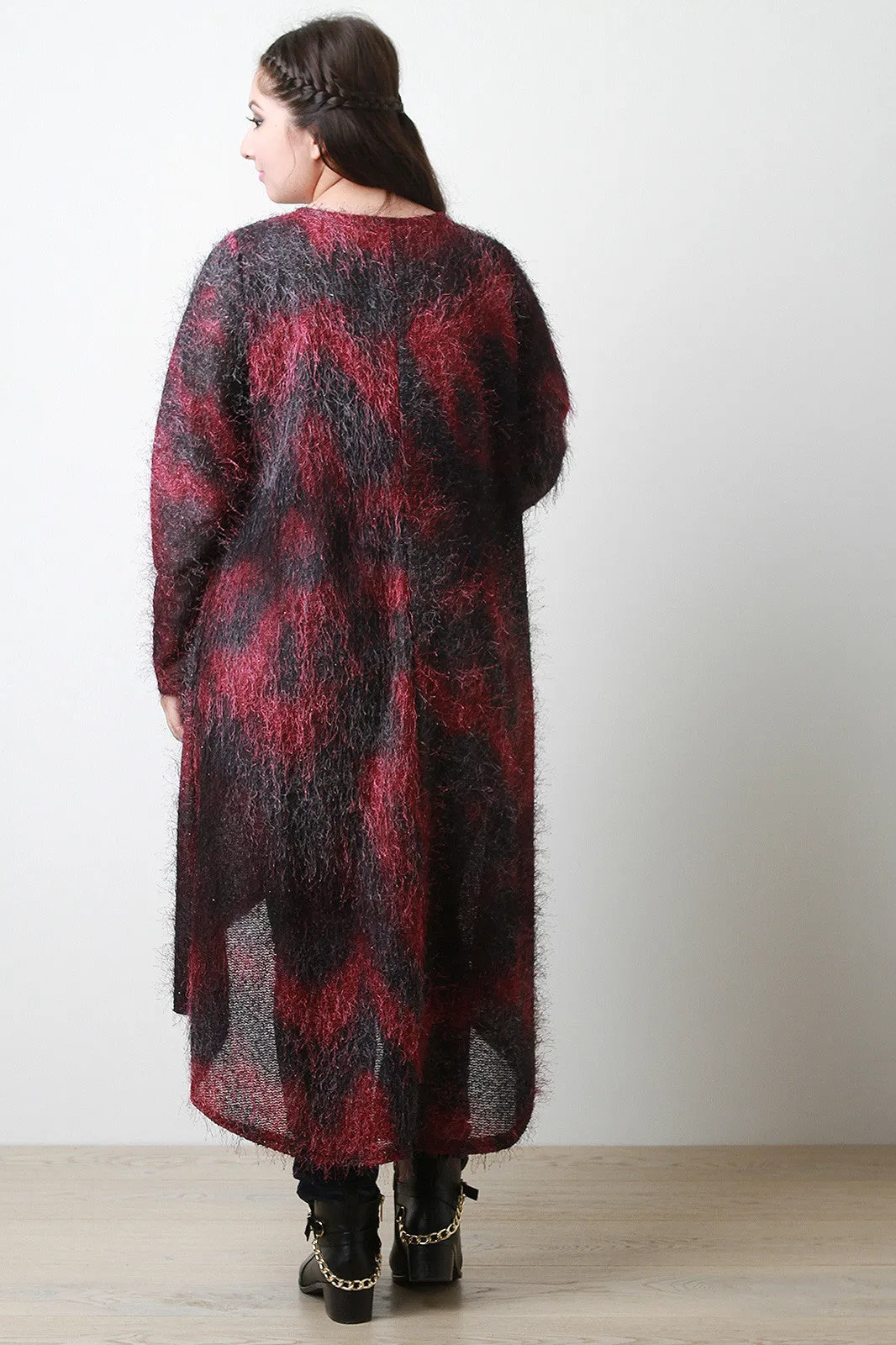 Two Tone Fuzzy Drape Open Front Longline Cardigan