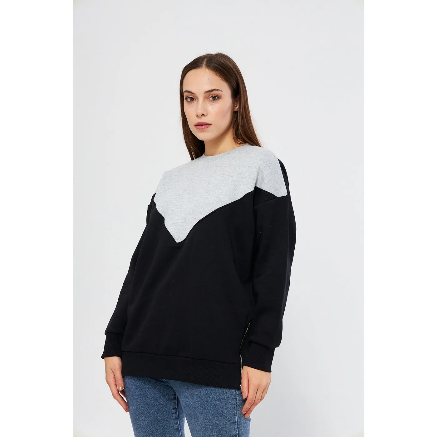 Two Tone Side Zipper Oversized Sweatshirt