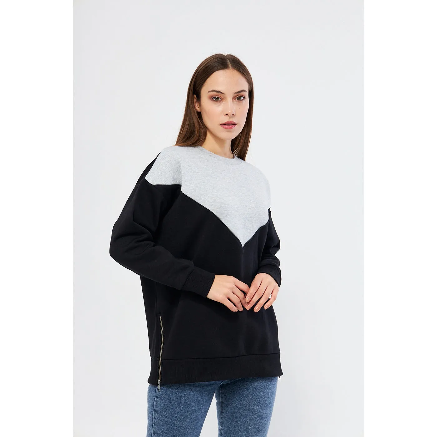 Two Tone Side Zipper Oversized Sweatshirt