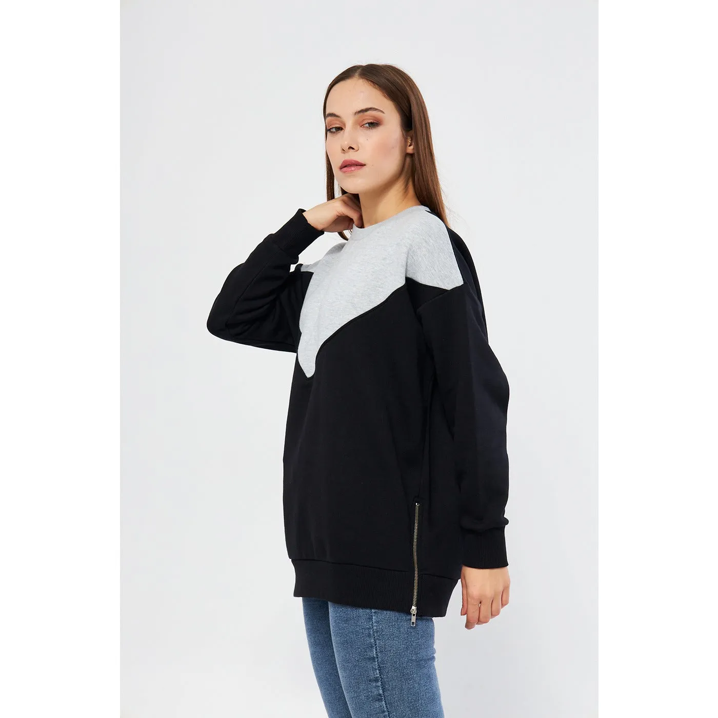 Two Tone Side Zipper Oversized Sweatshirt