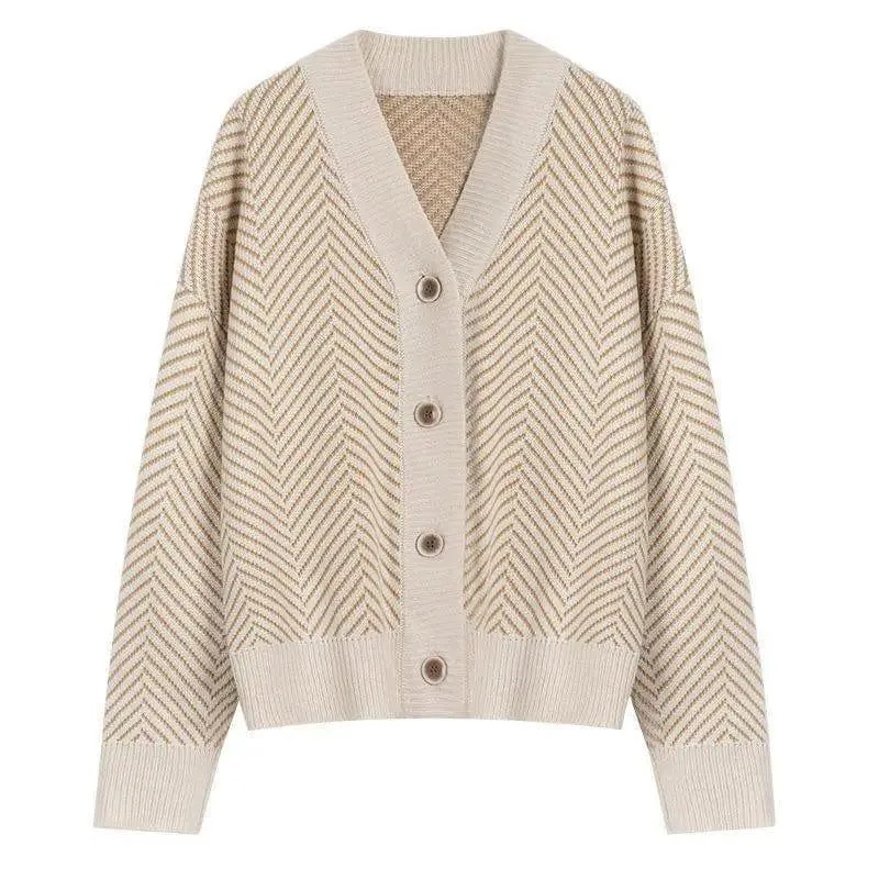 V Neck Diamond Striped Lazy Style Literary Knit Cardigan