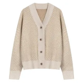 V Neck Diamond Striped Lazy Style Literary Knit Cardigan