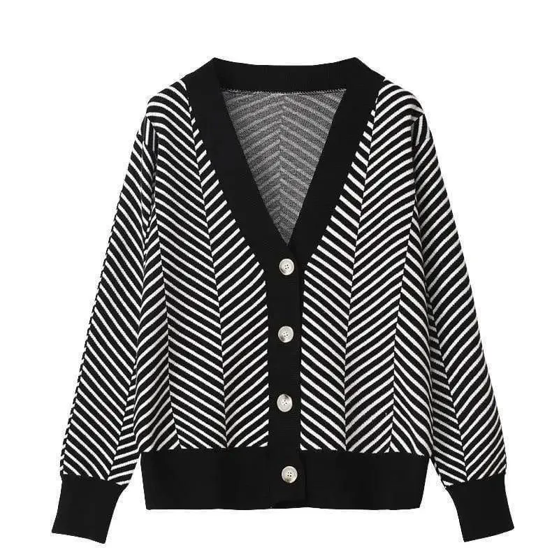 V Neck Diamond Striped Lazy Style Literary Knit Cardigan