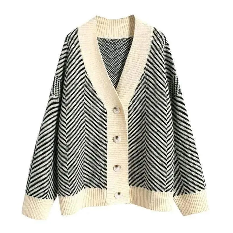 V Neck Diamond Striped Lazy Style Literary Knit Cardigan