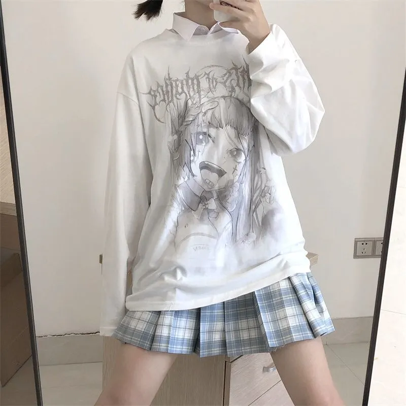 White Anime Print Oversized Thin Sweatshirt