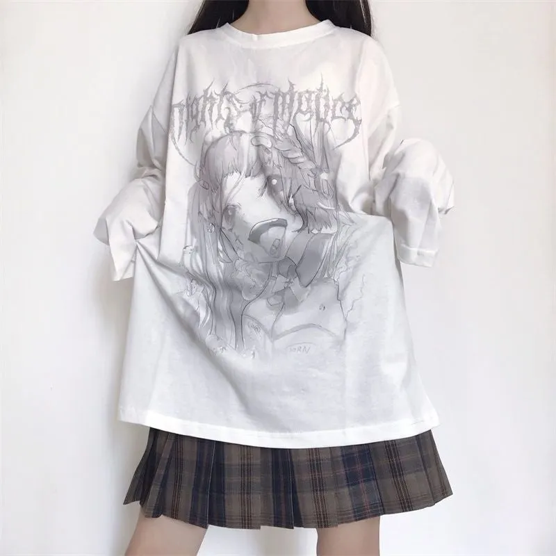 White Anime Print Oversized Thin Sweatshirt