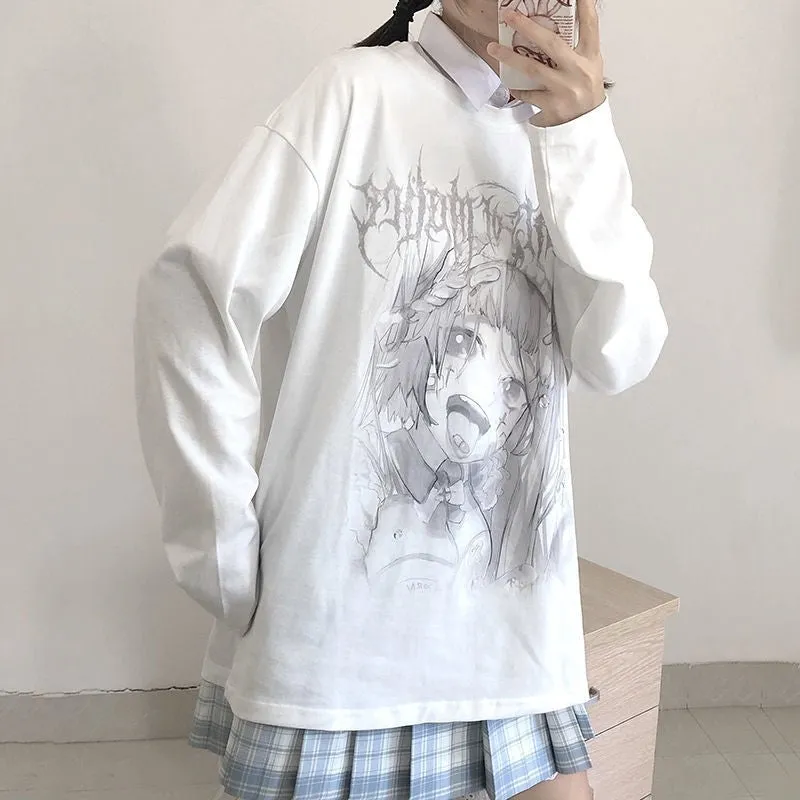 White Anime Print Oversized Thin Sweatshirt