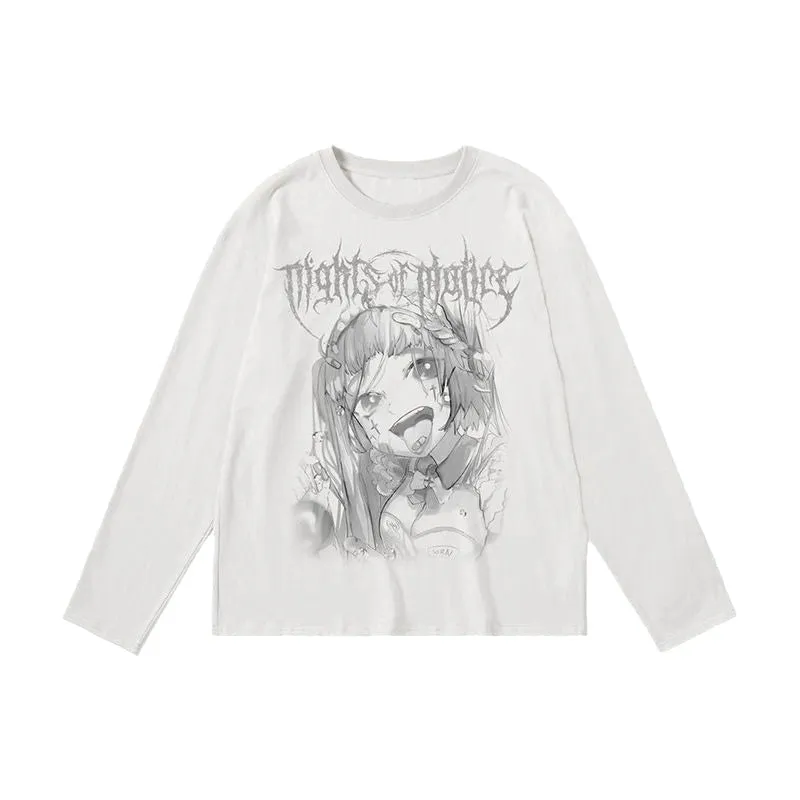 White Anime Print Oversized Thin Sweatshirt